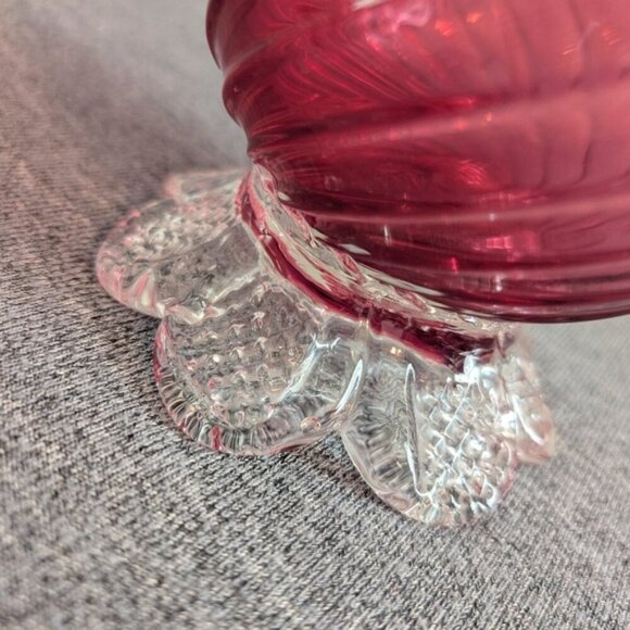 Chalet Blown Glass, Cranberry Swirl/Ribbed Footed Vase - Picture 2 of 6